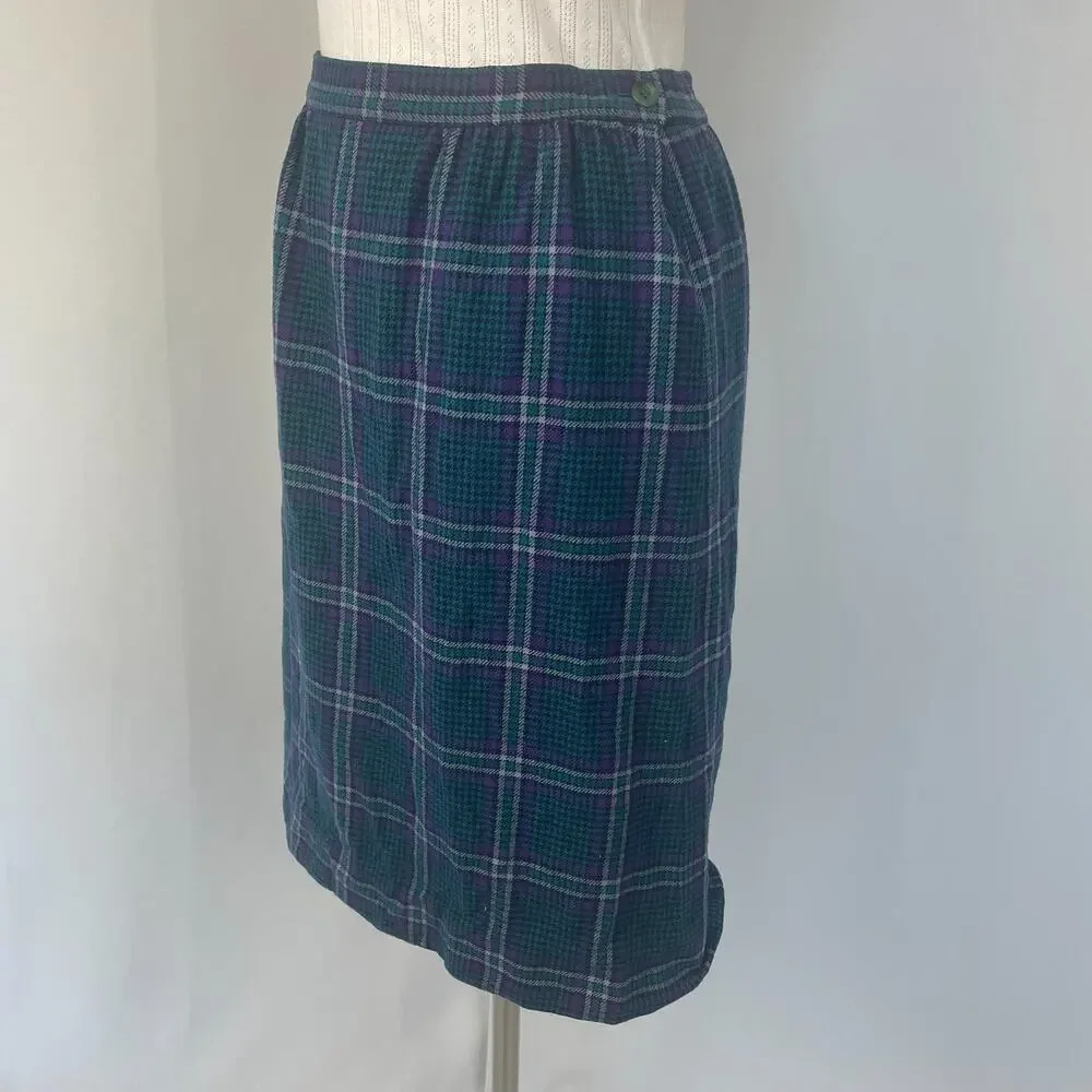 Vintage Pendleton Pencil Skirt Size 12 Blue Purple Tartan Plaid Wool Academia